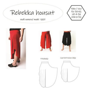 Naisten Rebekka housut ompelukaava esim. viskoosi- tai puuvillatrikoolle. Koot 30-62. Paljon väljyyttä lahkeissa, kaksi eri lahjepituutta: nilkka ja capri -pituus. Vyötäröllä kuminauha. Helppo malli ommeltavaksi.