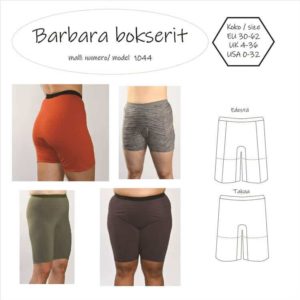Barbara boksereiden ompelukaavassa on kaksi eri lahkeen pituutta ja erillinen haarakiila. Boksereissa ei ole keskietu eikä keskitaka saumaa, vaan saumat on etukappaleelle.