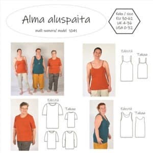 Alma kolme erilaista aluspaitaa: hihallinen, hihaton ja toppi ja kaksi eri paidan pituutta: lantiomittainen ja hieman pidempi paita. Hihalliseen paitaan on kolme eri hihan pituutta: T- paita, 3/4 hiha sekä täyspitkä hiha