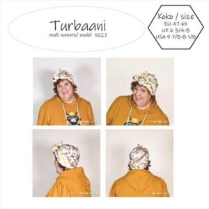 Turbaani jossa on resori pääntielle, jotta yksi koko sopii useampaan päähän. Kolme erikokoista kaavaa; S koko päänympärys 47 - 52 M koko päänympärys 53 - 57 L koko päänympärys 58 - 65