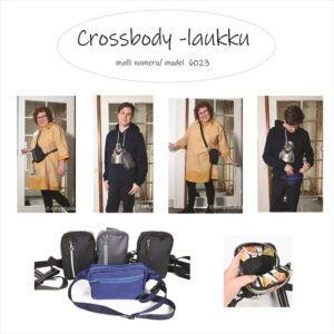 Crossbody-laukku. Samalla kaavalla voi ommella crossbody-, olka- ja vyölaukun. Laukun koko 18 x 12 cm. Laukkuun kaavoitettiin tasku etukappaleelle ja toinen tasku, jonka voi ommella laukun sisälle tai laukun takapuolelle