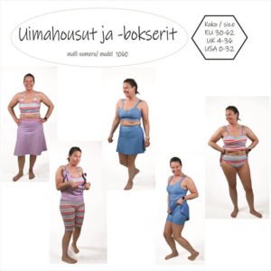 Uimahousut ja uimabokserit ompelukaava . Uimahousut korkealla vyötäröllä ja leveällä kuminauhalla tai matalammalla vyötäröllä ja kapealla kuminauhalla Uimabokserit kaksi eri lahkeen pituutta ja sivusaumattomat. Uimahame ommellaan kiinni joko uimahousuihin tai uimaboksereihin