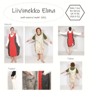 Elma liivimekossa on V-pääntie ja prinsessaleikkaus. Taskun voi tehdä laskoksilla, rypytyksellä tai suorana. Mekon voi myös tehdä kokonaan ilman taskuja. Helmassa on paljon väljyyttä ja siihen voi laittaa kuminauhan tai jättää ilman kuminauhaa. Projektorikaava