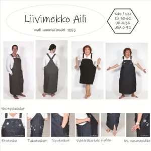 Aili liivimekossa on etu- ja takataskut sekä sivutaskut. Vyötärökaitaleeseen voi halutessaan ommella vyölenkit. Lisäksi ns. vasarapidike, helma halkio ja 2 eri helmanpituutta