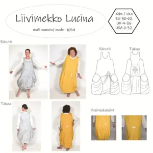 Lucina liivimekossa yläosan etukappale tehdään yhdestä kappaleesta ja takakappale kolmesta kappaleesta. Pääntie ja kädentiet huolitellaan resorilla. Kaavassa on paljon väljyyttä lantiolla. Pinafore dress pattern