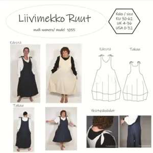 Ruut liivimekossa on runsaasti väljyyttä helmassa. Etu- ja takakappale solmitaan toisiinsa olalla tai ilman solmuja. Helmaan voi ommella helmaa kaventavan kaitaleen. Näin saadaan samalla myös pidempi helma tai sitten kaitaleen voi jättää ompelematta. Mekossa on sivutaskut pinafore dress pattern