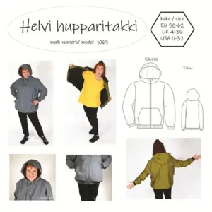Helvi hupparitakiki ompelukaavassa on vuori, resori helmaan ja hihansuihin. Keskellä edessä on vetoketju. Suuret etutaskut. Huppu on kolmiosainen ja sen etureuna nousee kaulalle. Hupparitakki projektorikaava